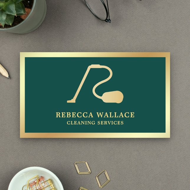 Green and Gold Vacuum Cleaner Cleaning Services Business Card (Creator Uploaded)