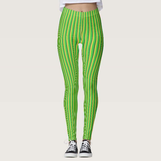 Green and Gold Vertical Stripes Leggings (Front)