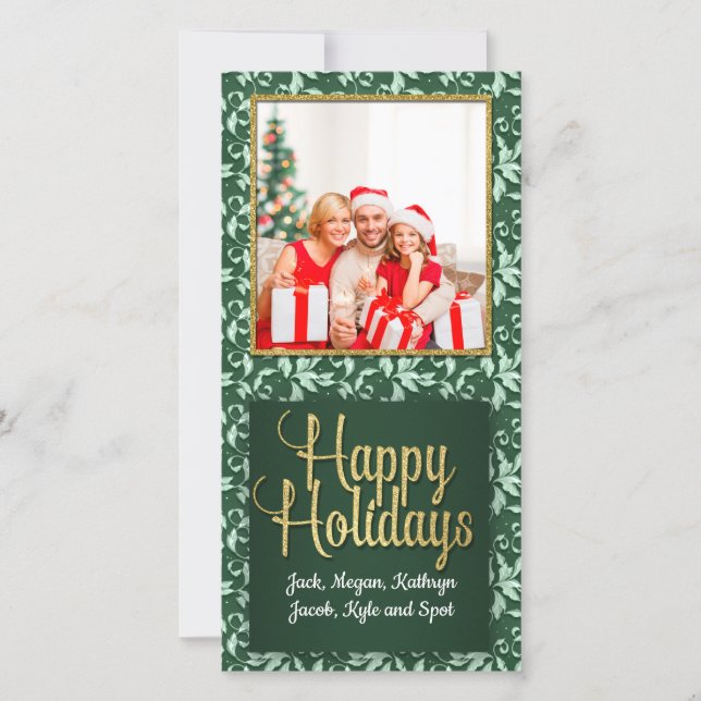 Green and Gold Vintage Holly Photo Holiday Card (Front)