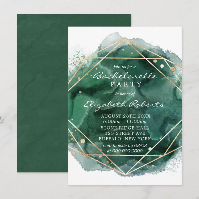Green and Gold Watercolor Bachelorette Party  Invitation (Front/Back)