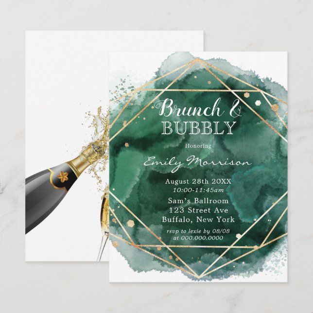 Green And Gold Watercolor Brunch & Bubbly Invitation (Front/Back)