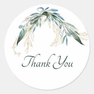 Green and gold watercolor Eucalyptus Thank You Cl Classic Round Sticker