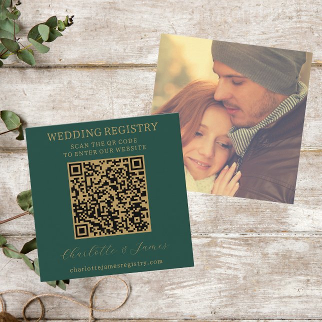 Green And Gold Wedding Gift Registry Photo QR Enclosure Card (Green And Gold Wedding Gift Registry QR Code Enclosure Card)