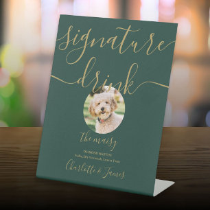 Green And Gold Wedding Pet Signature Drink Pedestal Sign