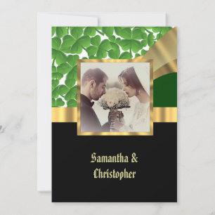 Green and gold wedding photo invitation