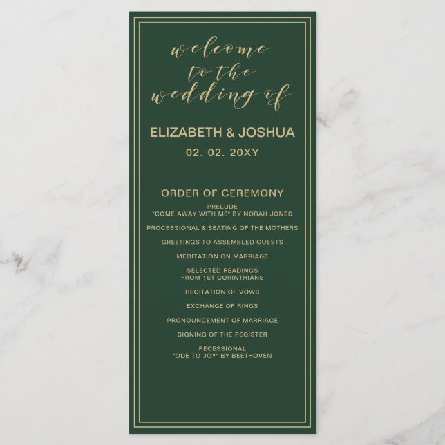 Green and Gold Wedding programs Programme (Front)