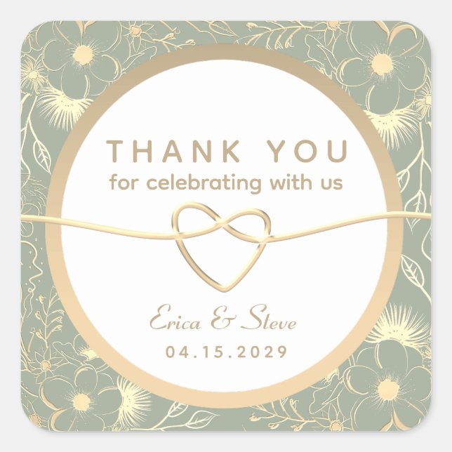 Green and Gold Wedding Thank You Square Sticker (Front)
