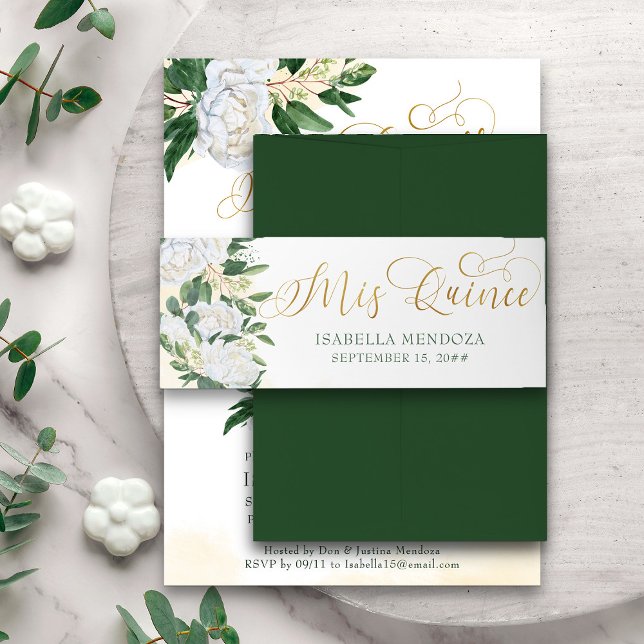 Green and Gold White Peony Rose Floral Mis Quince Invitation Belly Band (Elegant Mis Quince belly band from my Emerald Greenery & White Peony collection)