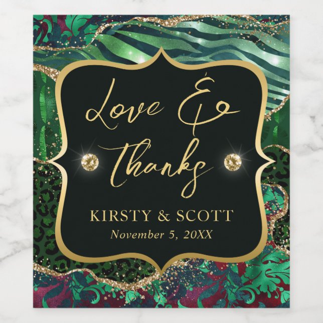 Green and Gold Wild Jungle Glitter Agate Wedding Wine Label (Single Label)
