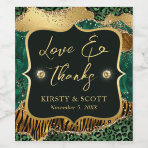 Green and Gold Wild Jungle Glitter Agate Wedding Wine Label