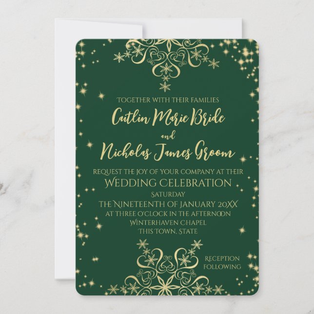 Green and Gold Winter Wedding Snowflakes Invita Invitation (Front)