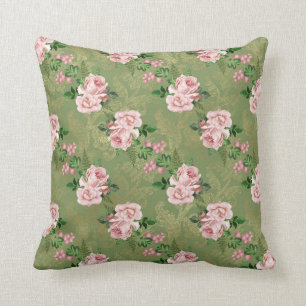 Green and Gold with Pink Roses Cushion