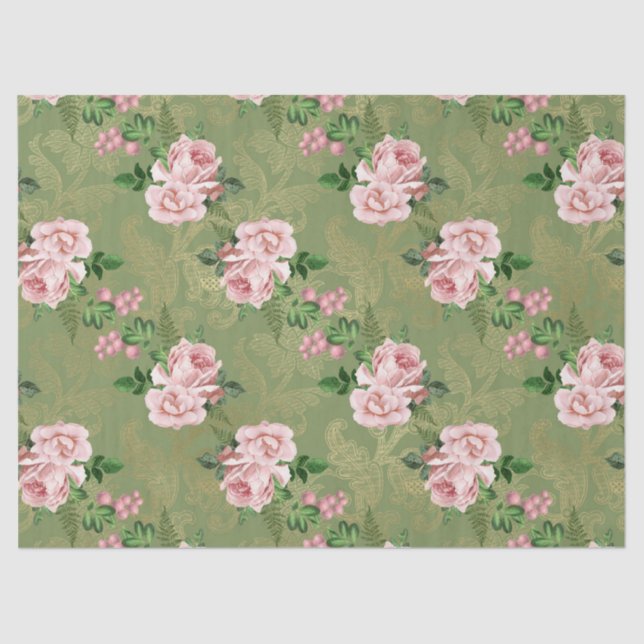 Green and Gold with Pink Roses Decoupage Tissue Paper (Front)