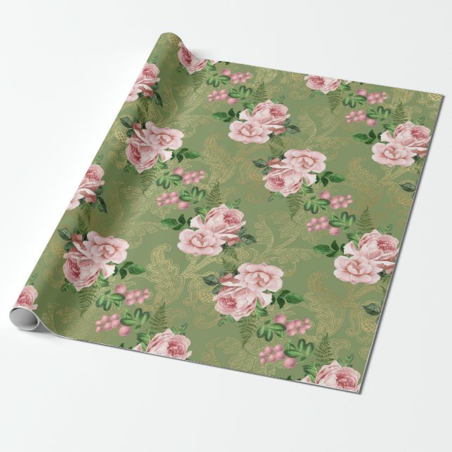 Green and Gold with Pink Roses Wrapping Paper (Unrolled)