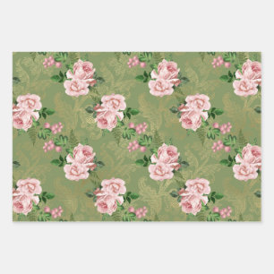 Green and Gold with Pink Roses Wrapping Paper Sheet