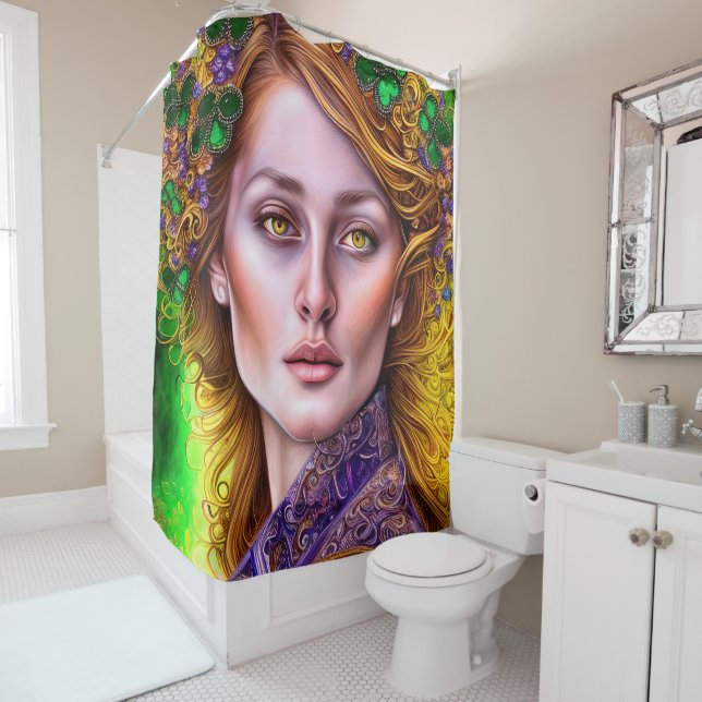 Green and Gold Woman St. Patrick's Day Artwork Shower Curtain (In Situ)