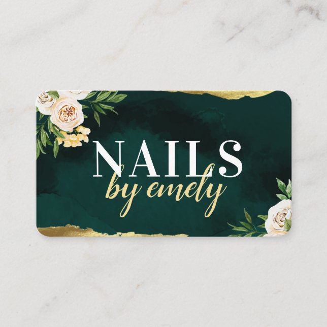 Green and Gold Yellow Floral Modern Nails Business Business Card (Front)