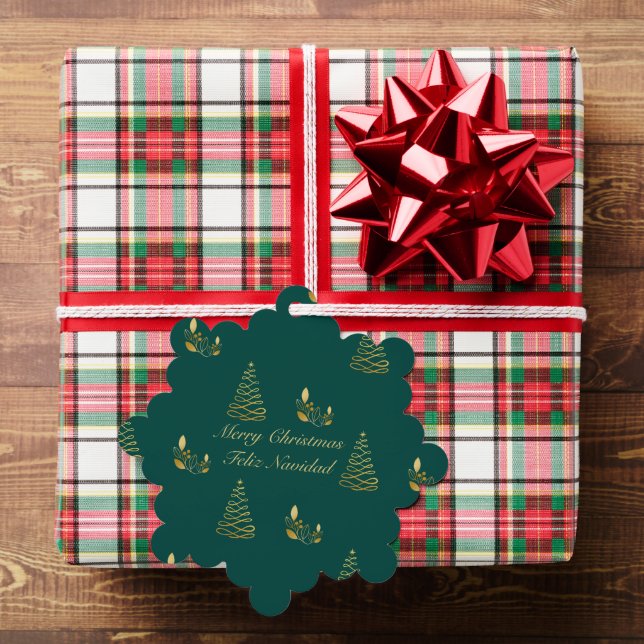 Green and Golden Christmas Bilingual Feliz Navidad Tree Decoration Card (Insitu (Gift))