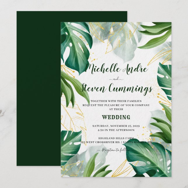Green and Golden Leaves Modern Tropical Wedding In Invitation (Front/Back)