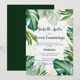 Green and Golden Leaves Modern Tropical Wedding In Invitation