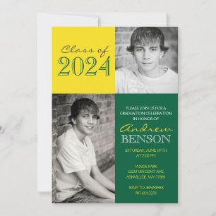 Green and Golden Yellow Classic 2 Photo Graduation Invitation