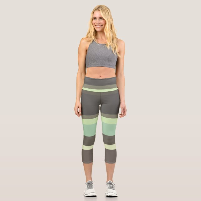 green and grey Abstract Stripes Capri Leggings (Front)