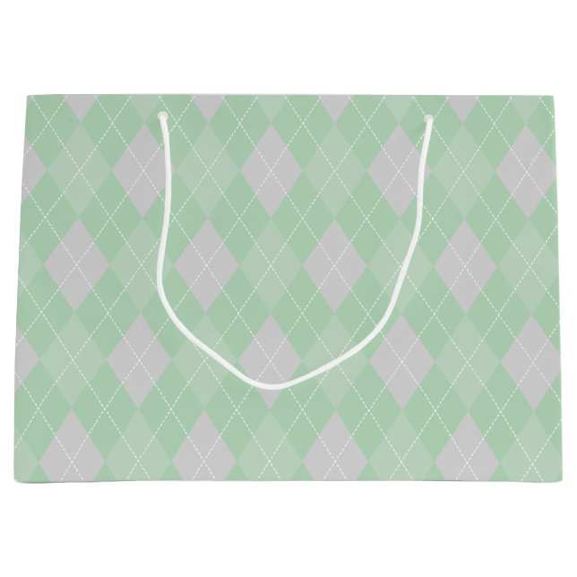 Green and Grey Argyle Pattern Kids Large Gift Bag (Front)