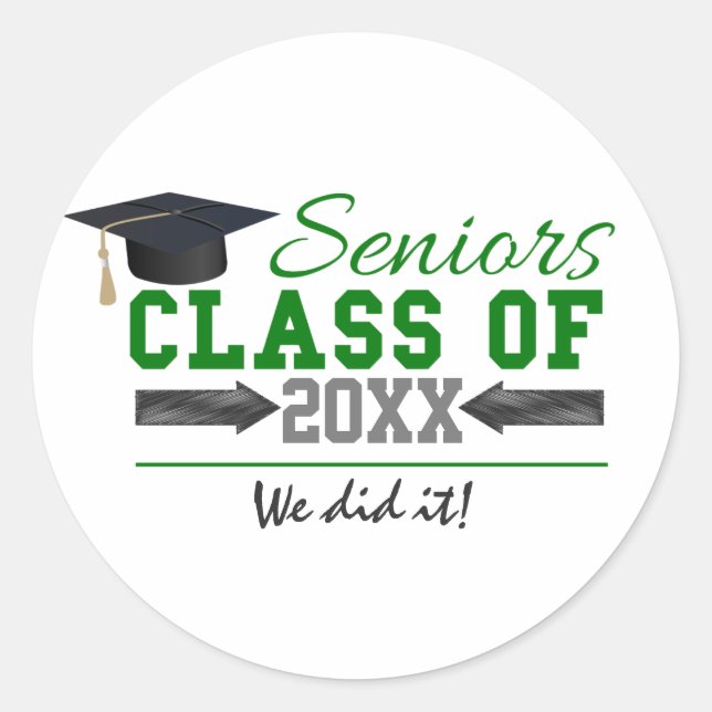 Green and  Grey Graduation Gear Classic Round Sticker (Front)