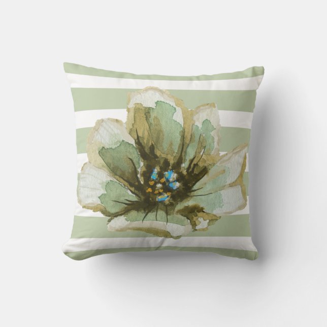 Green and Grey Striped Watercolor Floral Pillow (Front)