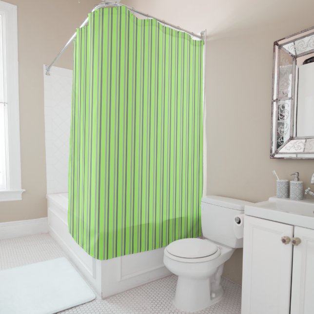 Green and grey vertical stripe shower curtain (In Situ)