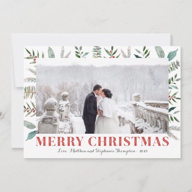 Green and Holly Merry Christmas Photo Cards (Front)