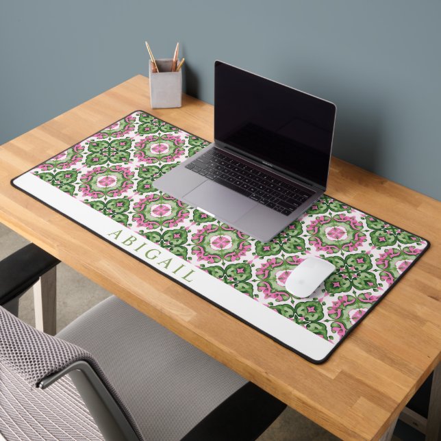 Green and hot pink Mediterranean tile pattern      Desk Mat (Office 2)