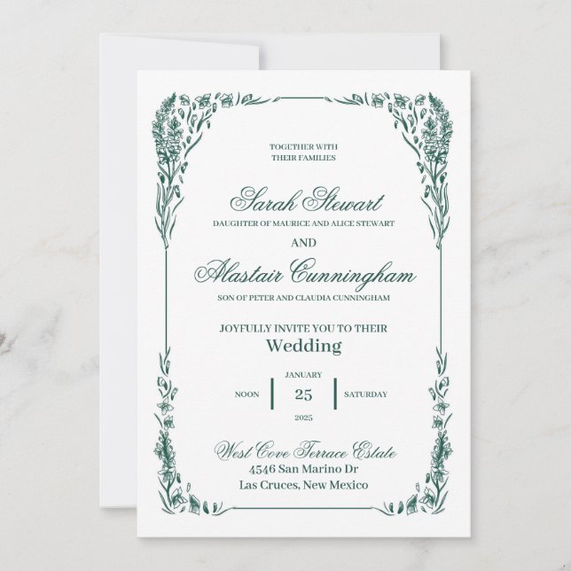 Green and Ivory Elegant Hand Drawn Invitation (Front)