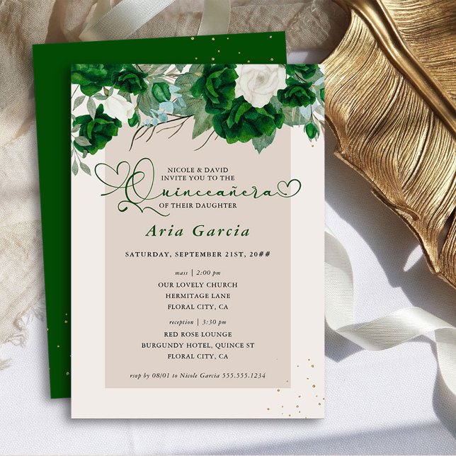 Green and Ivory Floral Roses Quinceanera and Mass Invitation (Quinceanera + Mass Invitation - Royal Rose Emerald Green Quinceanera Collection by Darling & May)
