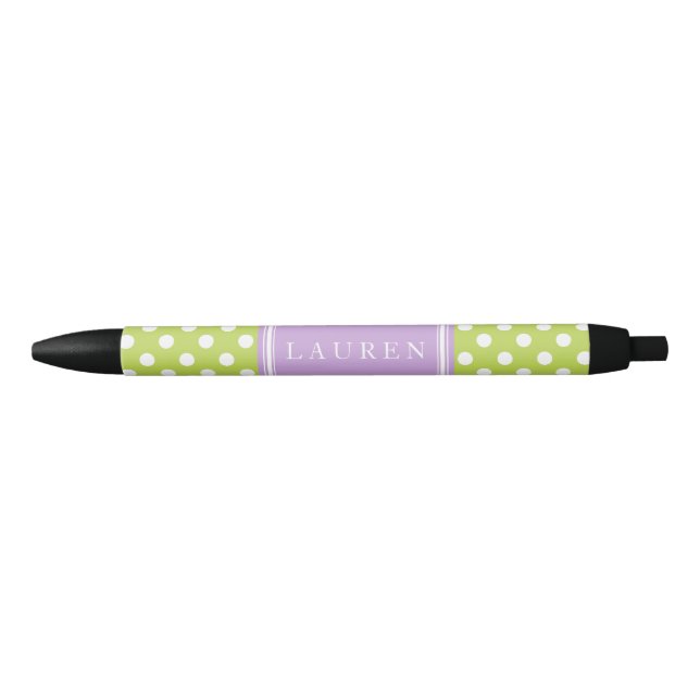 Green and Lavender Polka Dots Pattern Black Ink Pen (Front)