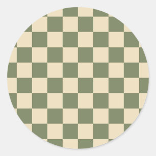 Green and Light Beige Chequerboard Classic Round Sticker