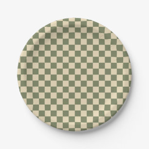 Green and Light Beige Chequerboard Paper Plate