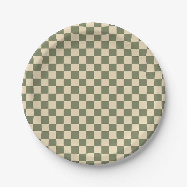 Green and Light Beige Chequerboard Paper Plate (Front)