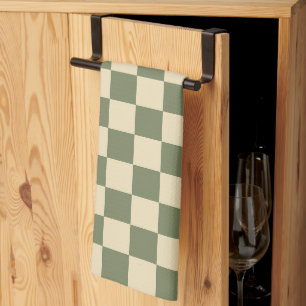 Green and Light Beige Chequerboard Tea Towel