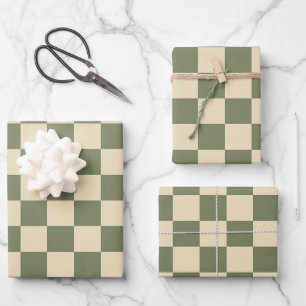 Green and Light Beige Chequerboard Wrapping Paper Sheet