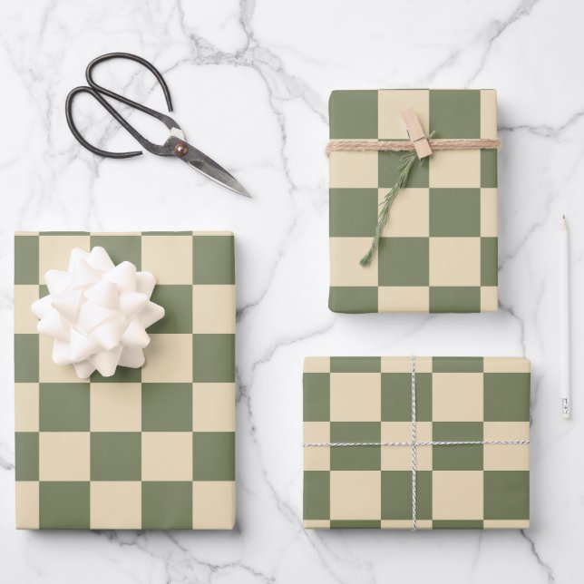 Green and Light Beige Chequerboard Wrapping Paper Sheet (Front)