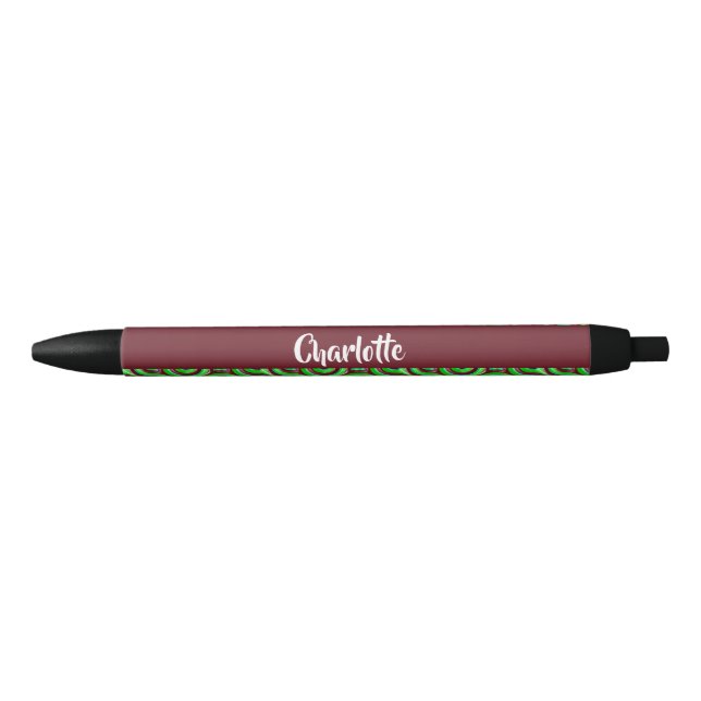 Green and maroon curve pattern black ink pen (Front)