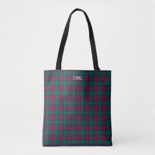 Green and Maroon Plaid Lindsay Tartan Monogram Tote Bag