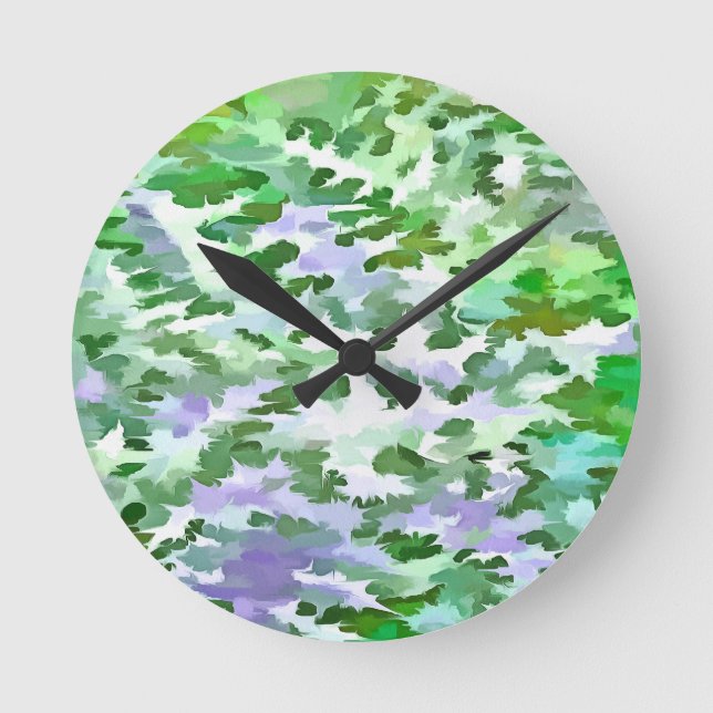 Green and Mauve Camouflage Pattern Round Clock (Front)