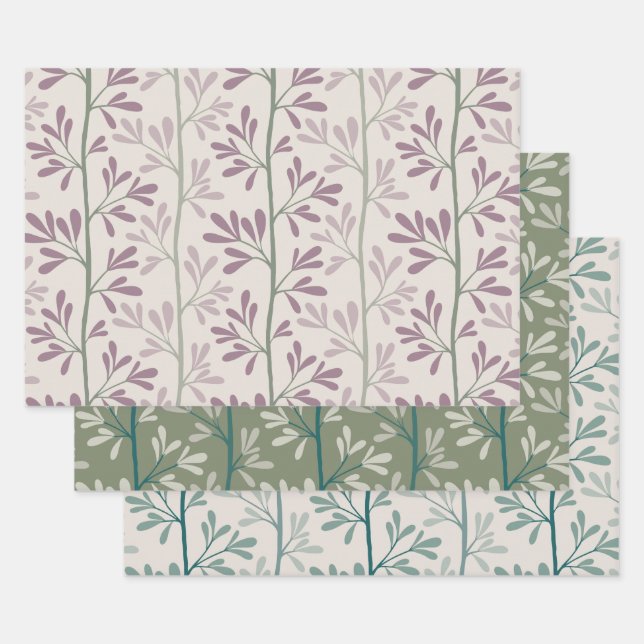Green and Mauve Garden Stems Modern Botanical Wrapping Paper Sheet (Set)