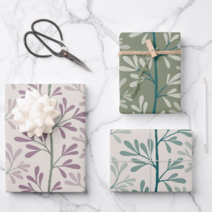 Green and Mauve Garden Stems Modern Botanical Wrapping Paper Sheet
