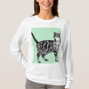 Green and mint Tabby Cat cat art Long Sleeve Top