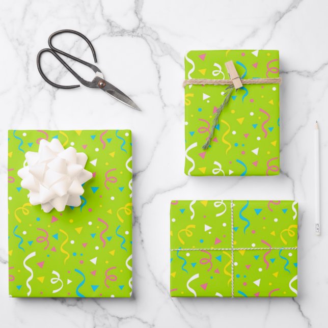 Green and Multi Color Birthday Confetti Wrapping Paper Sheet (Front)