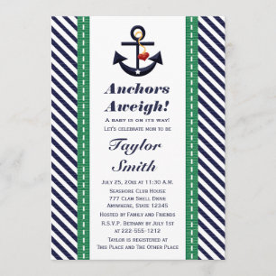 Green and Navy Anchor Nautical Baby Shower Invitation