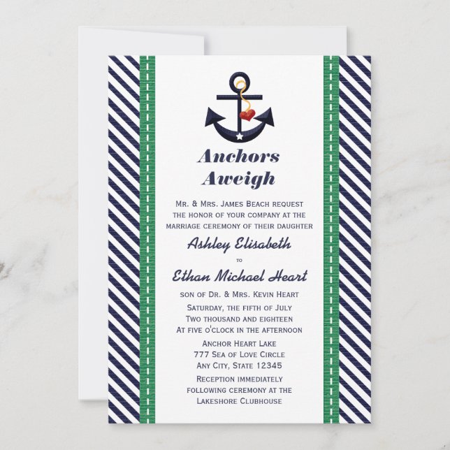 Green and Navy Anchor Nautical Wedding Invitations (Front)